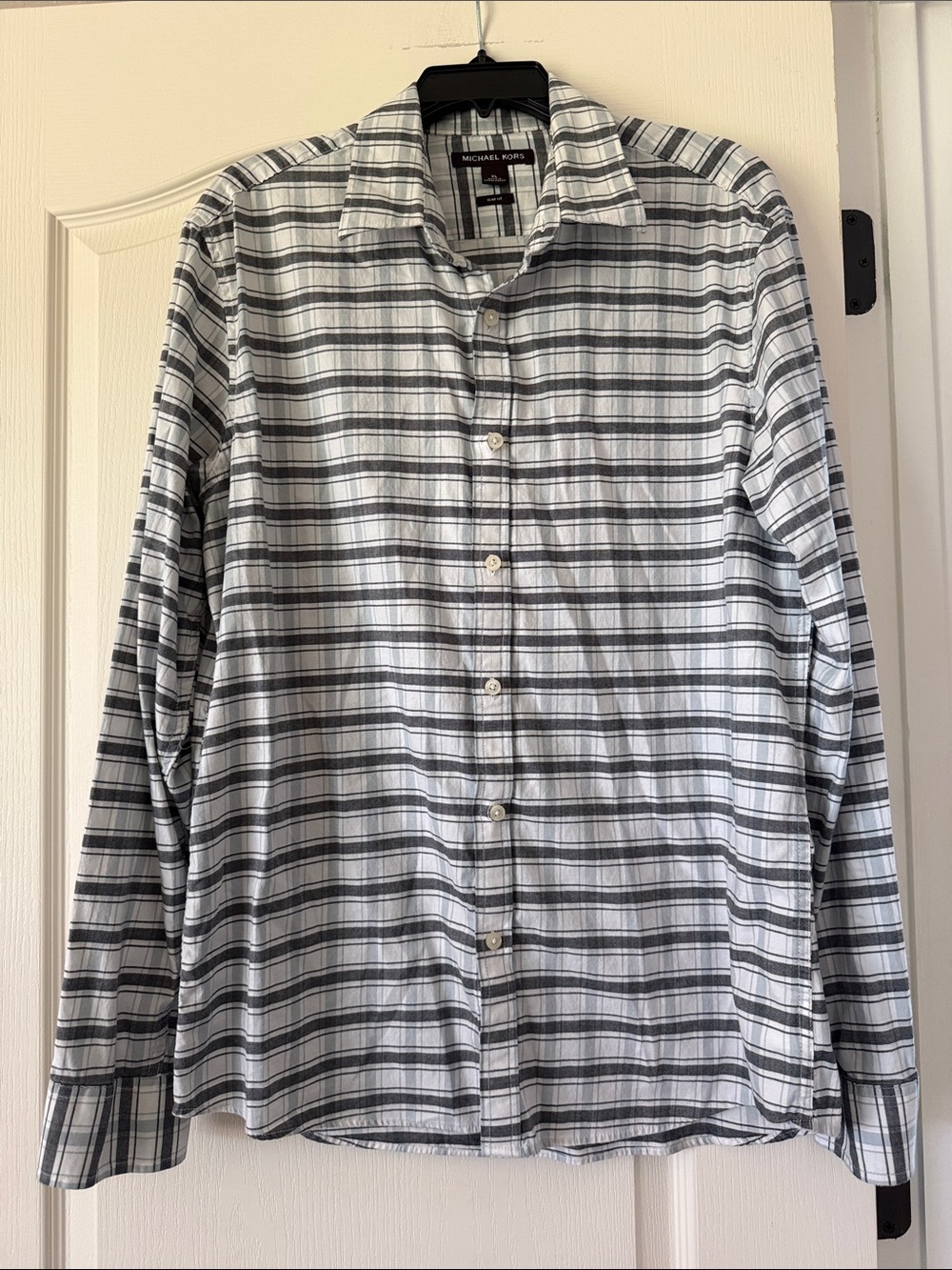 Michael Kors Grey, Blue and White Plaid Button-Down Shirt